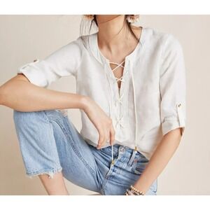 Maeve Anthropologie Marva Lace-up Linen Blouse White Women's Size 2 Roll Tab